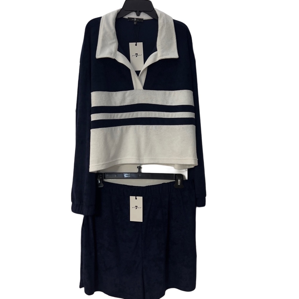 NEW 7 For All Mankind Set Two Piece Outfit Terry Navy Blue White Top Shorts  XL